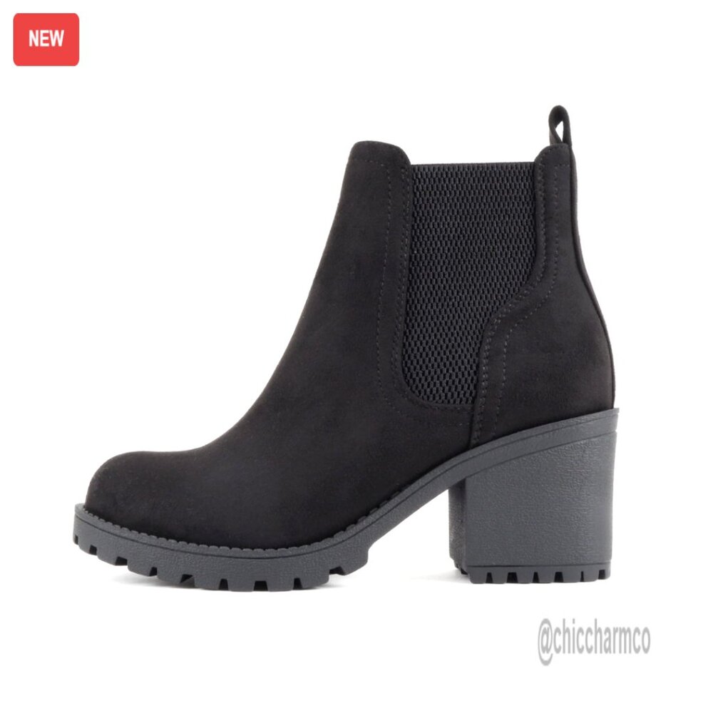 Lug Sole Mid Heel Chelsea Ankle Boots With Elastic Gore, Women's Size